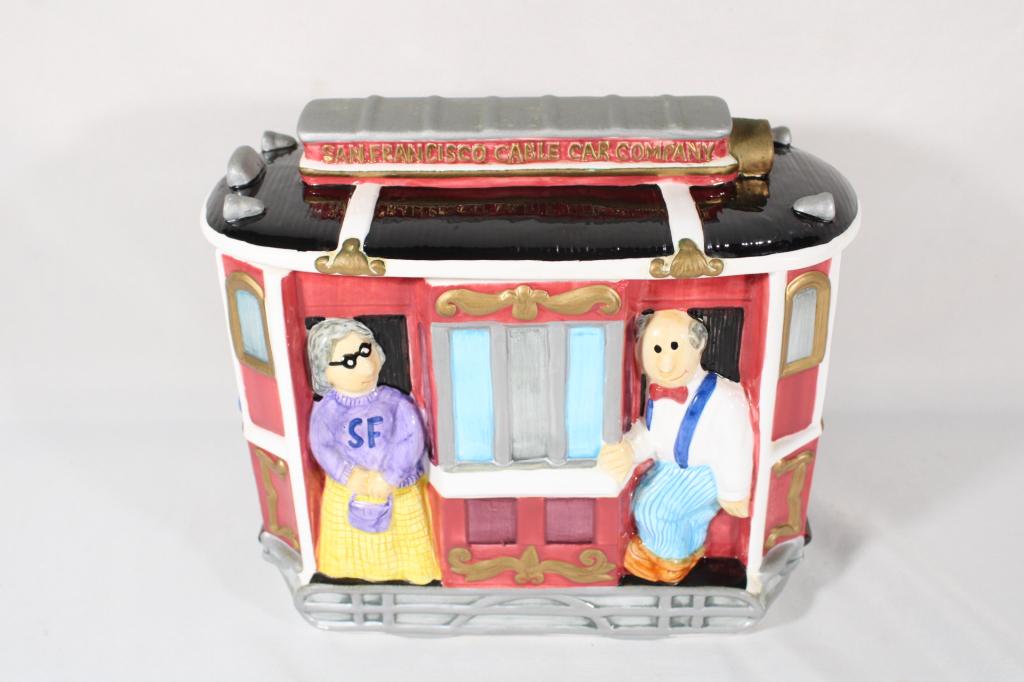 Ceramic San Francisco Trolly Cookie Jar: Measures about 9" tall. Overall good as pictured.