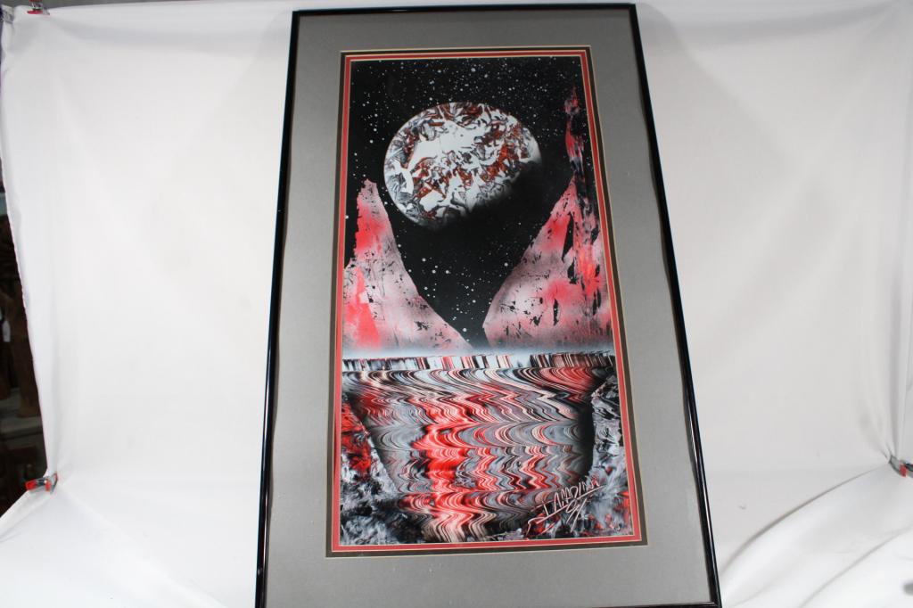 Framed Spray Paint Abstract Painting Signed: Good overall as pictured. Frame measures about 17" x 29".