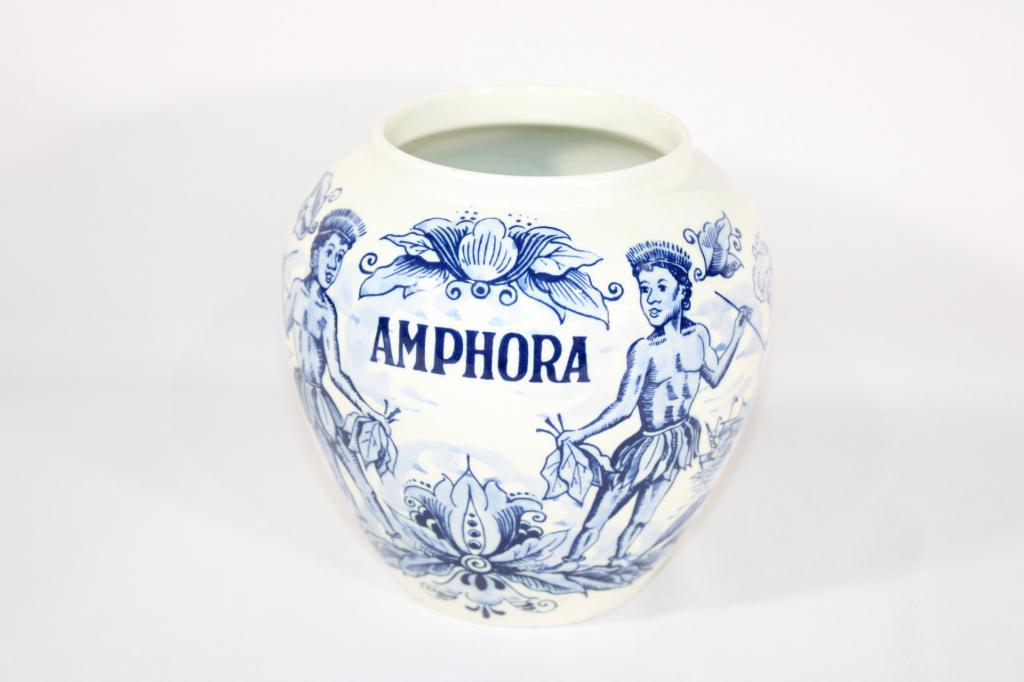 VTG Hand Painted Delft Amphora Tobacco Jar: no lid; good overall as pictured