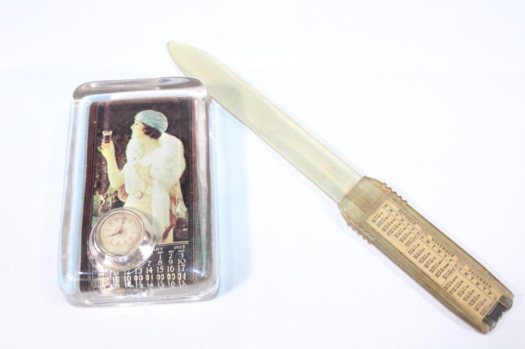 VTG Advertising Lot - Coca-Cola Paperweight/Letter: letter opener with calendar and coca-cola paperweight (redone?)