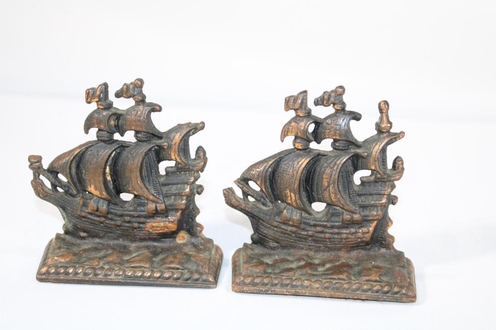 Vintage Cast Metal Ship Bookends: good overall as pictured
