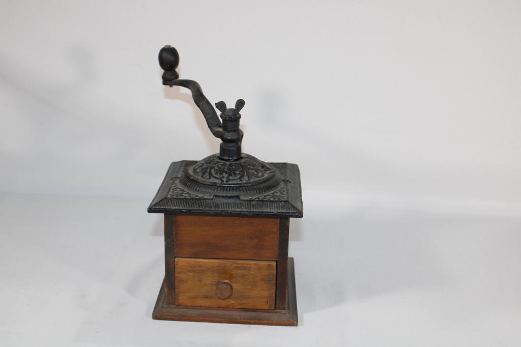 Vintage Wood and Cast Iron Coffee Grinder: made in Taiwan - good overall as pictured