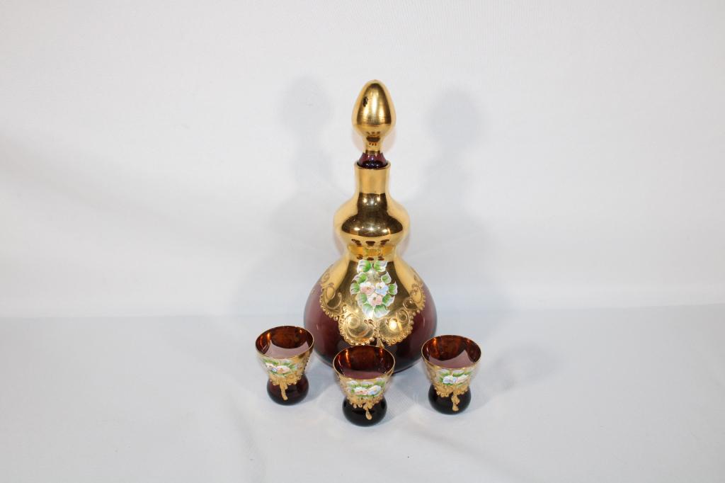 Bohemian Amethyst Gold w/ Flowers Decanter Set (1 of 6)