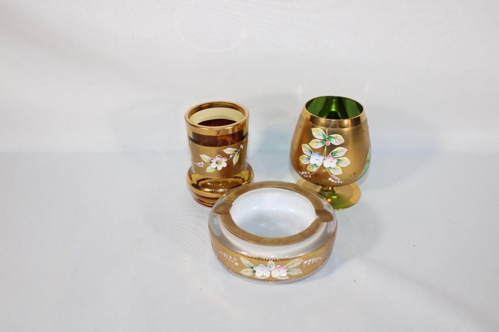 Trio of Bohemian Glass PIeces w/ Flowers: Good overall as pictured. Ashtray has a couple small chips.