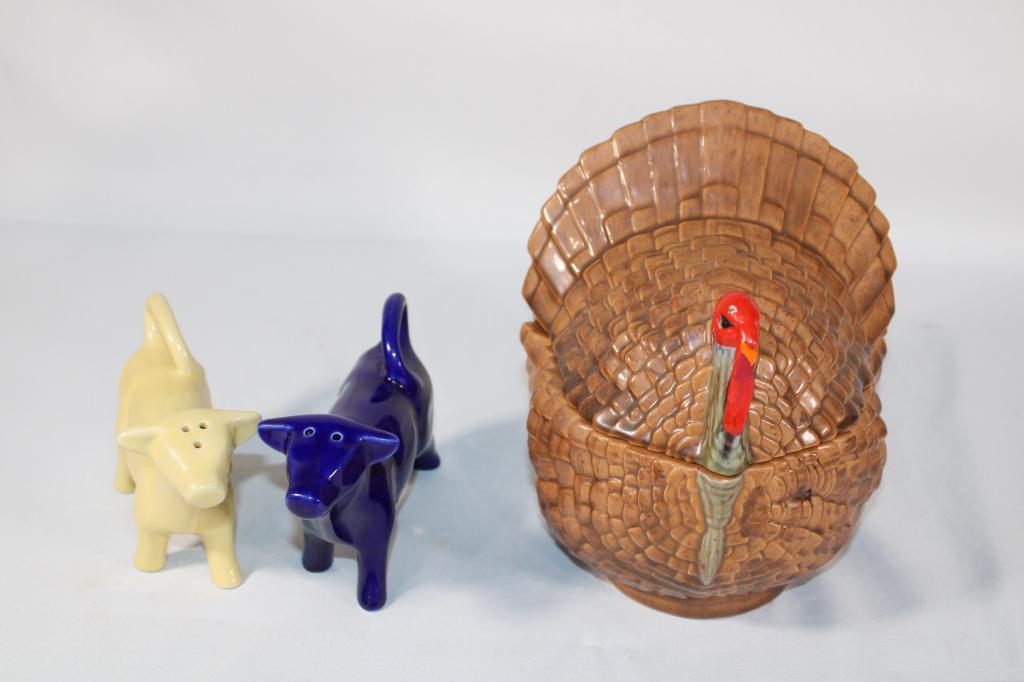 Ceramic Cow Salt and Pepper and Turkey Tureen: Good overall as pictured.