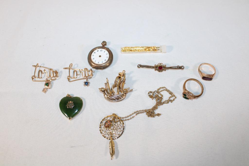 14k Gold Jade Heart and Misc Jewelry -Brooches et. (1 of 5)