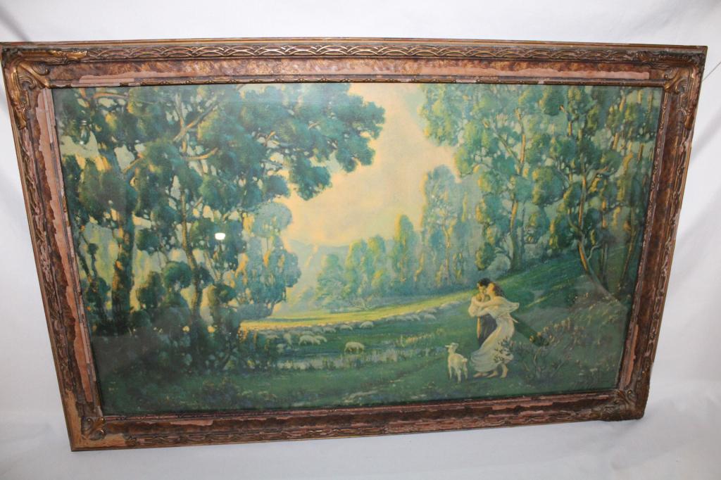 J Willett Framed Lithograph: Good overall as pictured. Frame has some damage / loss to trim and finish. Measures about 33" wide x 22" tall.