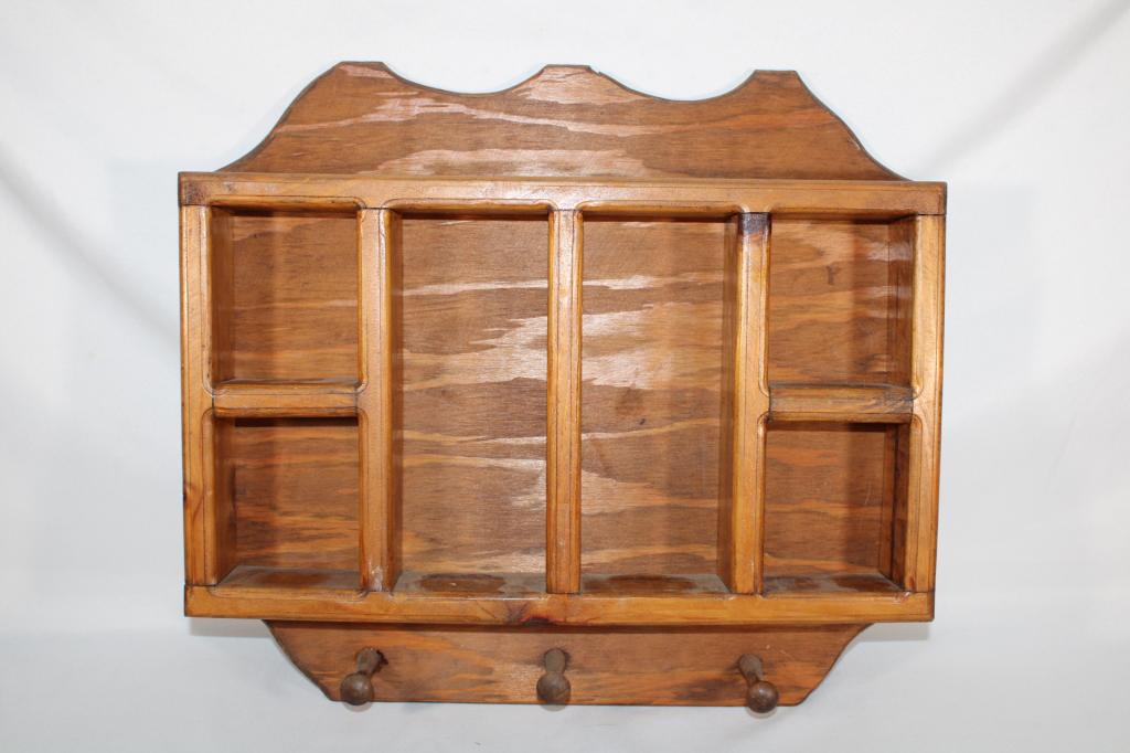 Wood Wall Hanging What Not Shelf w/ Hooks: Good overall as pictured. Measures about 17" x 16".