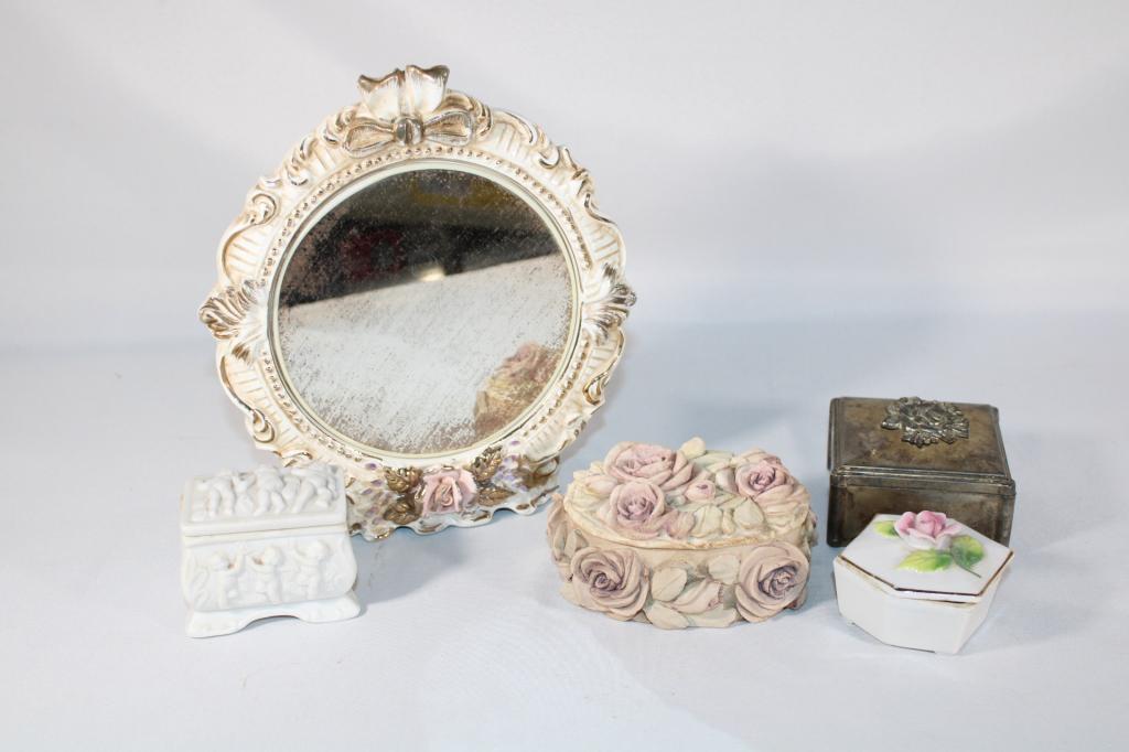 Lot of 4 Trinket Boxes and Mirror: Good overall as pictured.