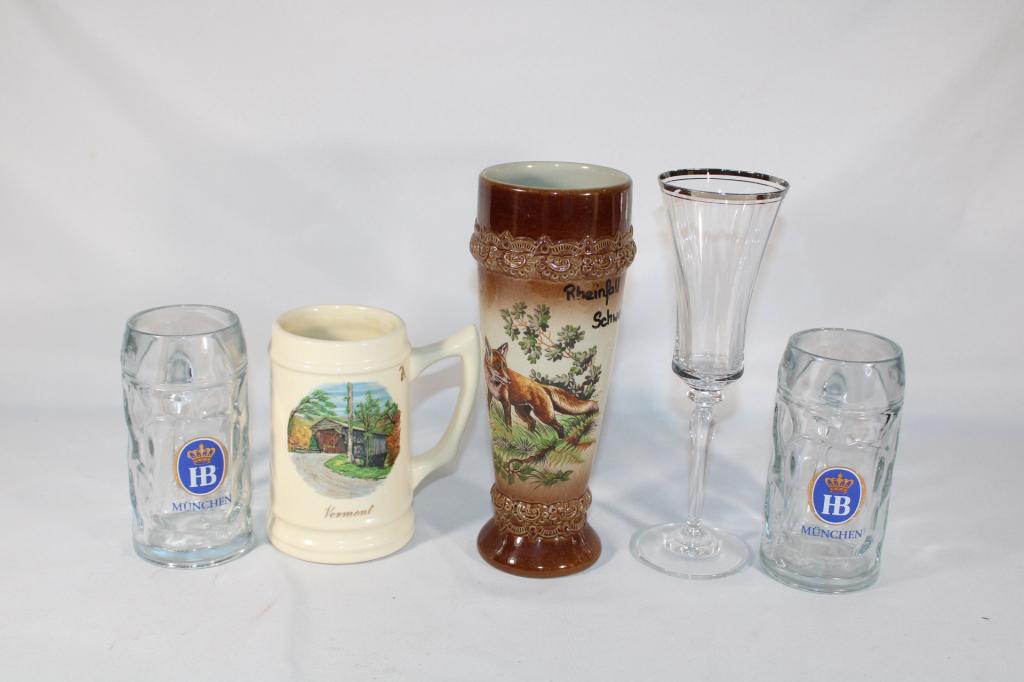 Lot of Beer Steins and Champagne Glass: Good overall as pictured.