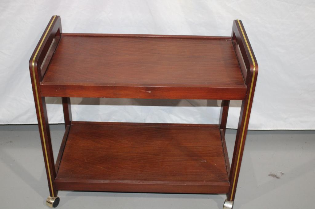Vintage Wood with Brass Trim Bar Cart: Good overall as pictured. Measures about 30" x 16" x 27" tall.