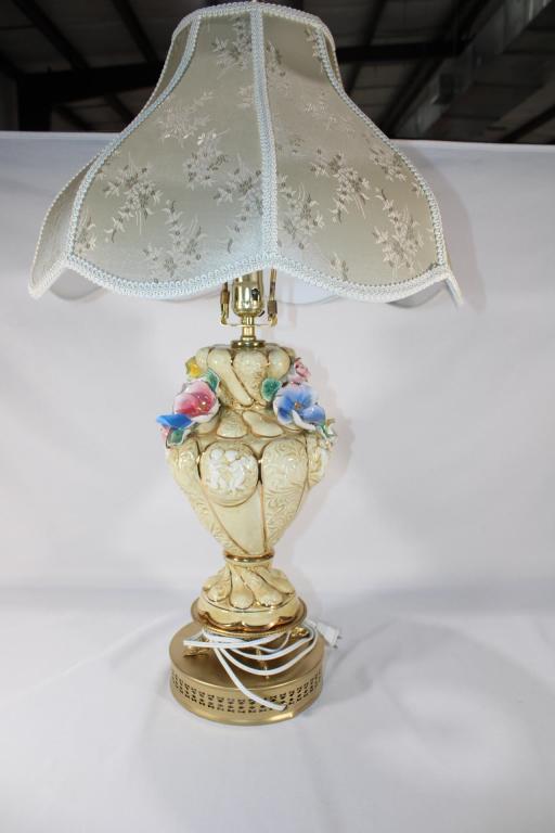 Capodimonte Style Porcelain Lamp w/ Shade: of the flowers. A best effort is made to notate Overall good as pictured. Measures about 30" tall. *Please view photos closely to see any imperfections. The delicate nature of these pieces can have im