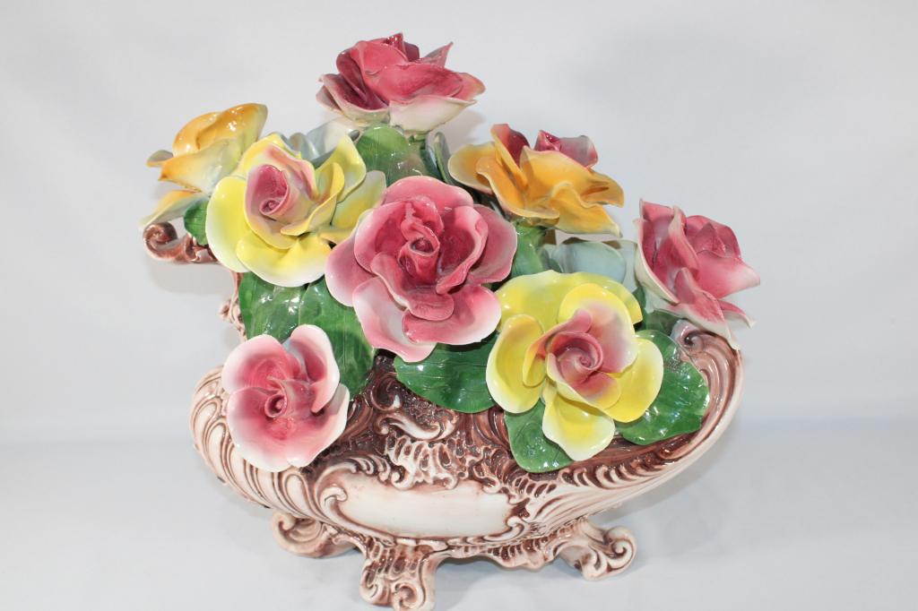 Capodimonte Porcelain Flowers in a Planter: good as pictured. Measures about 16.5" tall. *Please view photos closely to see any imperfections. The delicate nature of these Overall good as pictured. Measures about 17.75" tall. *Please view photo
