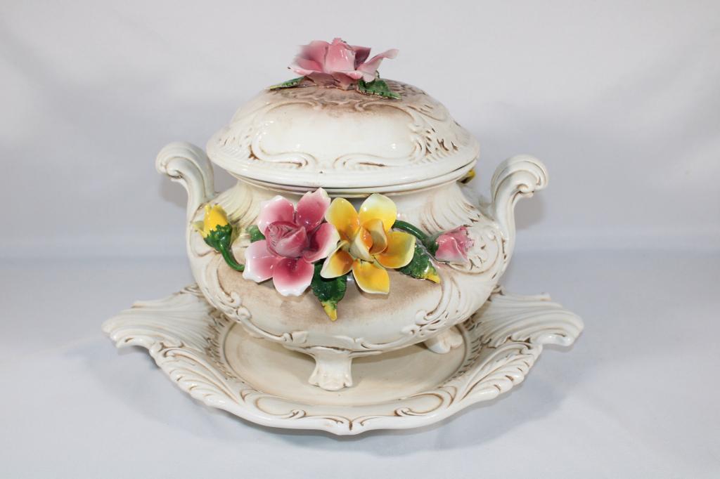 Capodimonte Porcelain Tureen With Underplate & Lid: delicate nature of these Overall good as pictured. Measures about Measures about 10.25" tall. *Please view photos closely to see any imperfections. The delicate nature of these Overall good as picture