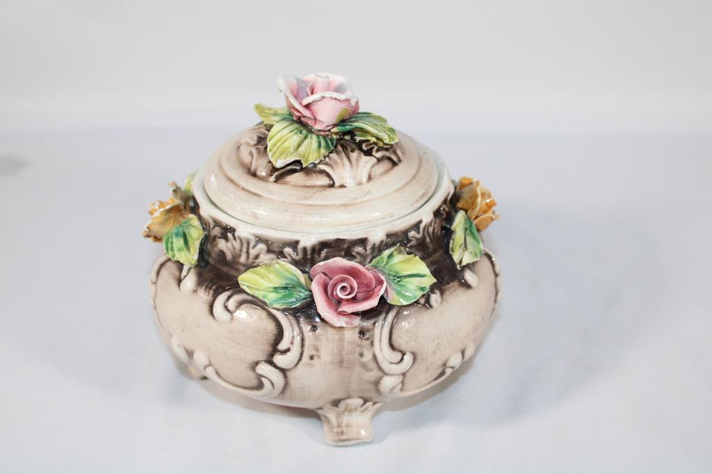 Capodimonte Porcelain Covered Candy Dish: any imperfections. The delicate nature of these Overall good as pictured. Measures about 7.25" tall. *Please view photos closely to see any imperfections. The delicate nature of these Overall good as 