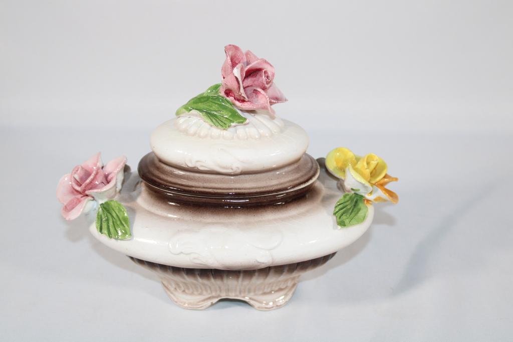 Capodimonte Porcelain Covered Candy Dish: about 7.5" tall. *Please view photos closely to see any imperfections. The delicate nature of these Overall good as pictured. Measures about 8.5" tall. *Please view photos closely to see any imperfect