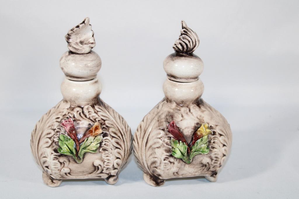 Pair of Capodimonte Porcelain Style Cruets: see any imperfections. The delicate nature of these pieces can have imperfections / chips, especially Overall good as pictured. Measures about 8.25" tall. *Please view photos closely to see any imperf