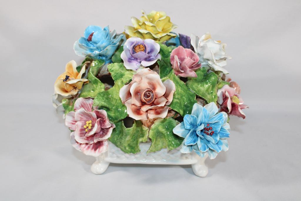 Capodimonte Porcelain Style Flowers in Planter: Overall good as pictured. Measures about 10" tall. *Please view photos closely to see any imperfections. The delicate nature of these