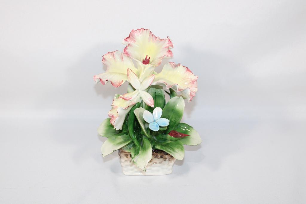 Capodimonte Porcelain Flowers in Basket: measures about 7 1/4 inches tall; Please view photos closely to see any imperfections. The delicate nature of these pieces can have imperfections / chips, especially along the edges of the flowers. A 
