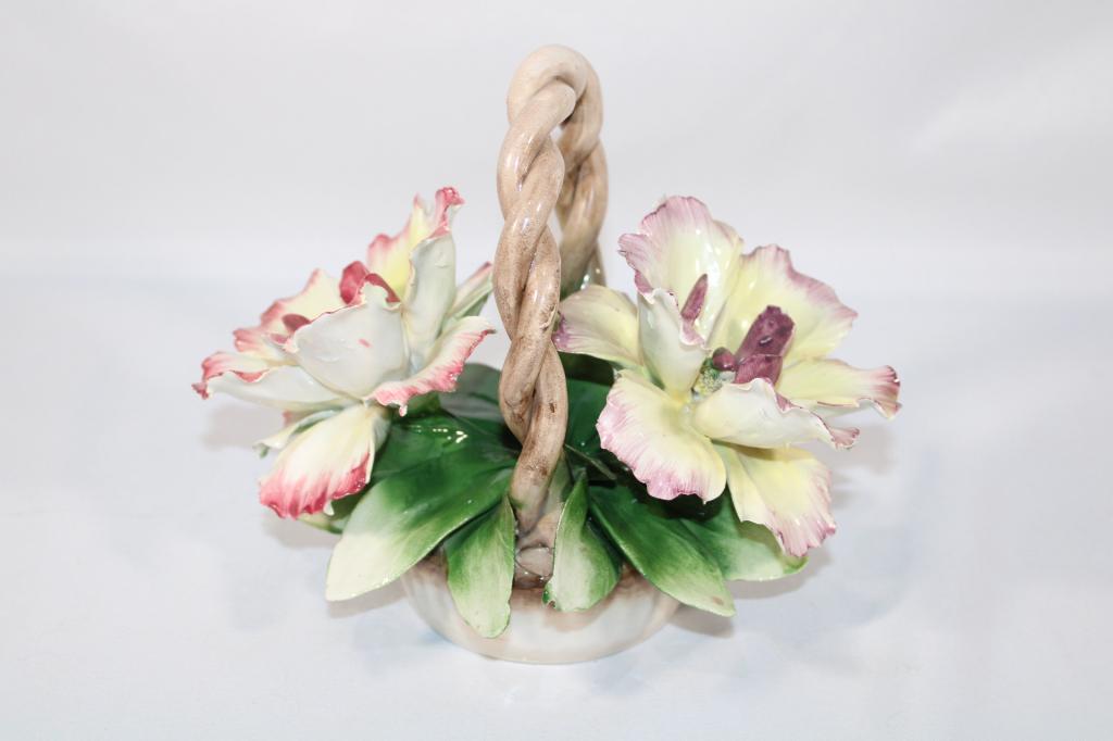 Capodimonte Porcelain Basket of Flowers: measures about 9 inches tall; Please view photos closely to see any imperfections. The delicate nature of these pieces can have imperfections / chips, especially along the edges of the flowers. A best