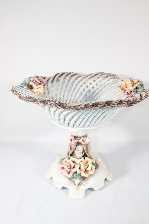 Capodimonte Porcelain Braided Pedestal Bowl: Measures about 11 inches tall; *Please view photos closely to see any imperfections.