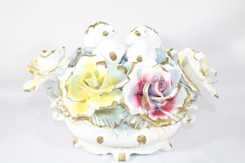 Capodimonte Porcelain Bouquet with Doves: measures about 10 inches tall; *Please view photos closely to see any imperfections.