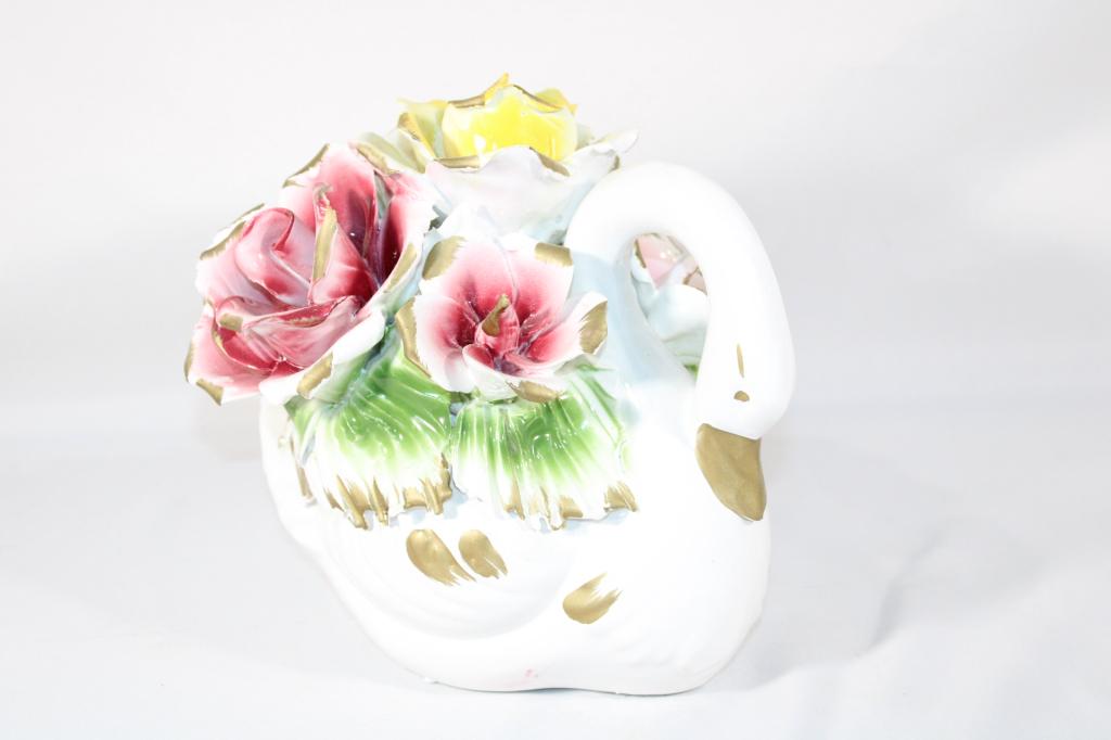 Capodimonte Porcelain Swan and Flowers: Measures about 8 1/2 inches tall; *Please view photos closely to see any imperfections.