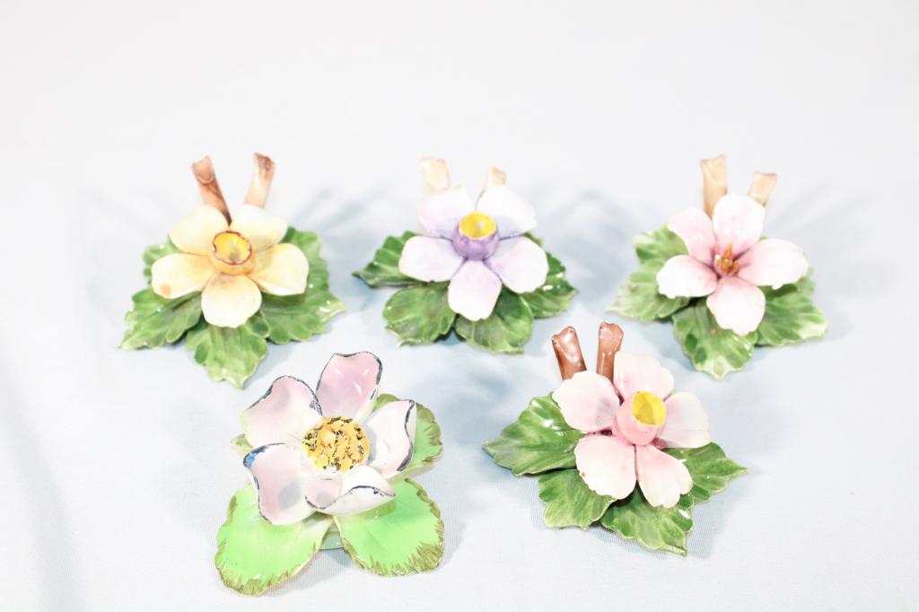 Lot of 5 Capodimonte Porcelain Flower: Measures about 1 1/2 inches tall; *Please view photos closely to see any imperfections.