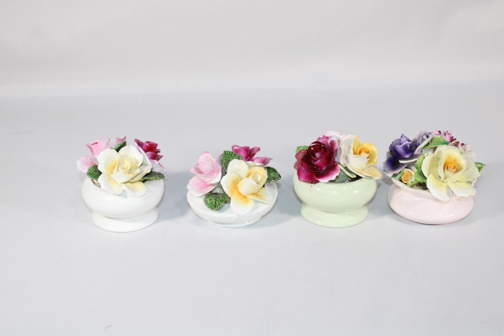 Lot of 4 Staffordshire Bone China Bouquet Flowers: Measures about 3 inches tall; *Please view photos closely to see any imperfections.