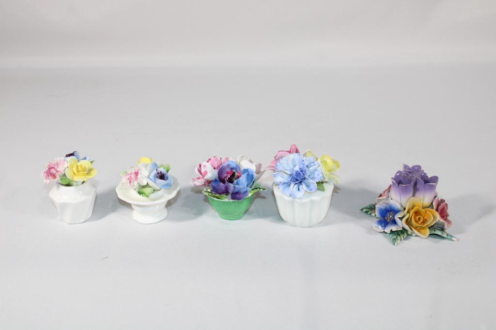 Lot of 5 Bone China Flower Bouquets: Royal Doulton, etc. Measures about 3 inches tall; *Please view photos closely to see any imperfections.