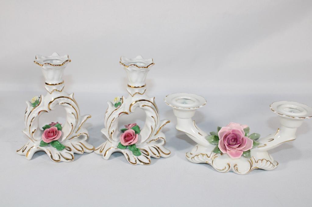 Pair of Candle Holders/ Matching Holder - Germany: Measures about 5 1/2 inches tall; *Please view photos closely to see any imperfections.