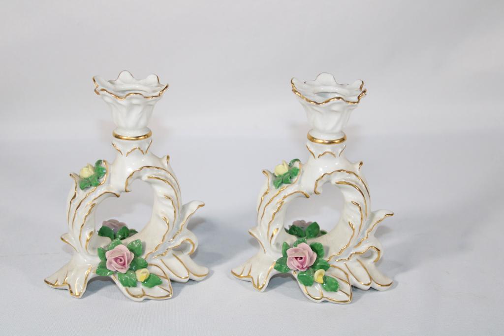 Pair of Ceramic Germany Flower Candle Holders: Measures about 5 inches tall; *Please view photos closely to see any imperfections.