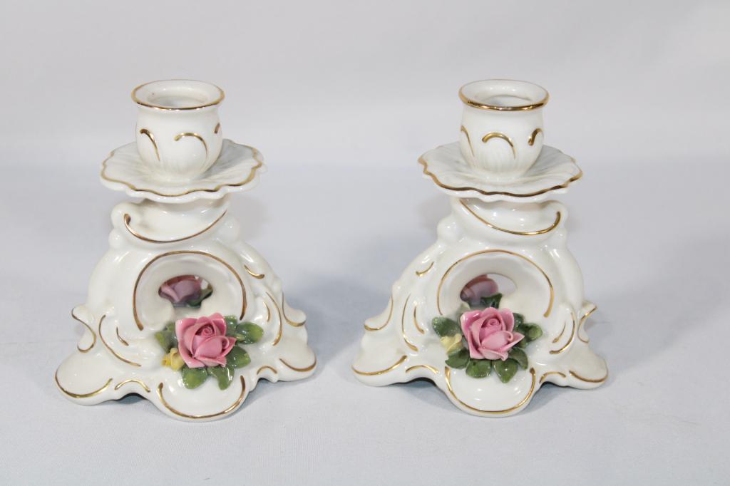 Pair of Dresden Ceramic Flower Candle Holders: Measures about 5 inches all; *Please view photos closely to see any imperfections.