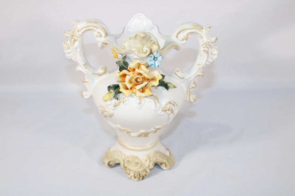 Capodimonte Porcelain Two Handled Vase: Measures about 8 1/4 inches tall; *Please view photos closely to see any imperfections.