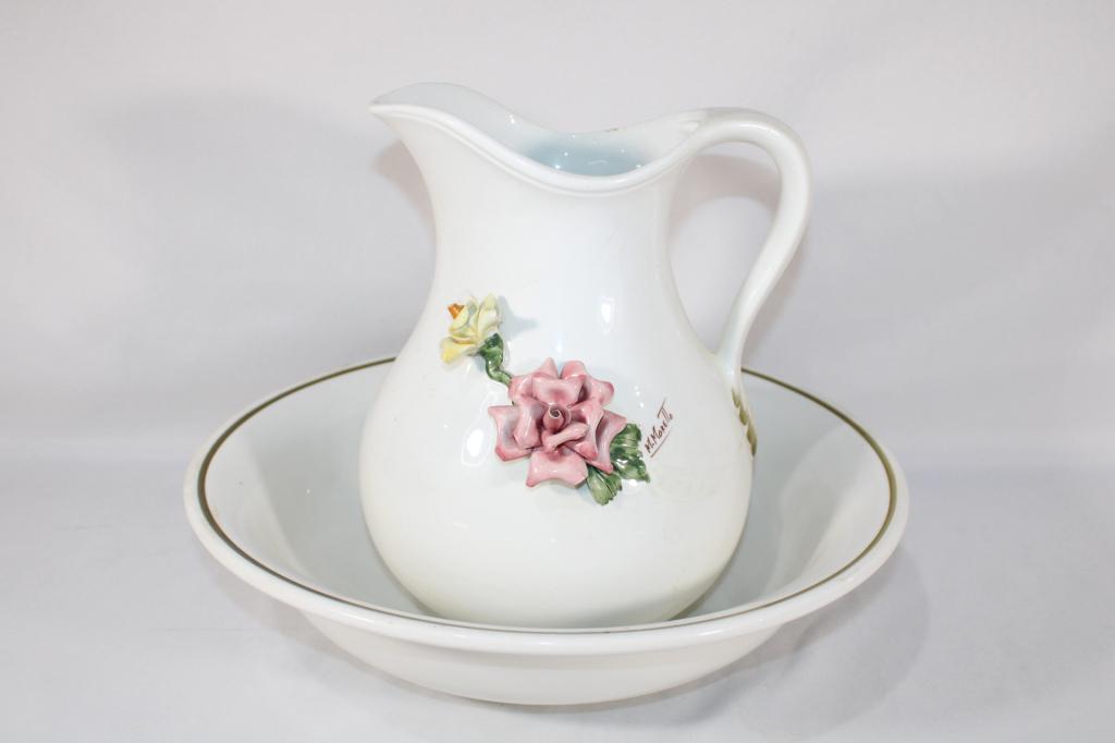 M. Moretto Signed Capodimonte Pitcher and Basin: Measures about 11 inches tall; *Please view photos closely to see any imperfections.