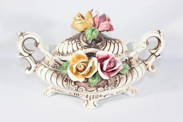 Capodimonte Porcelain Covered Two Handled Bowl: Measures about 9 inches tall; *Please view photos closely to see any imperfections.