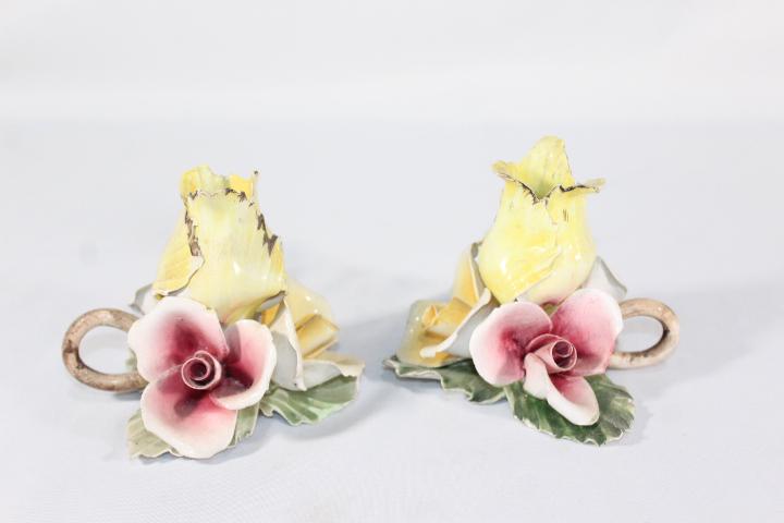 Pair of Capodimonte Porcelain Candle Holders: Measures about 4 inches tall; *Please view photos closely to see any imperfections.