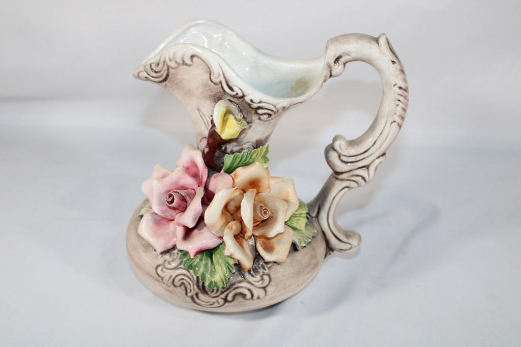 Capodimonte Porcelain Floral Pitcher: Measures about 9 inches tall; *Please view photos closely to see any imperfections.