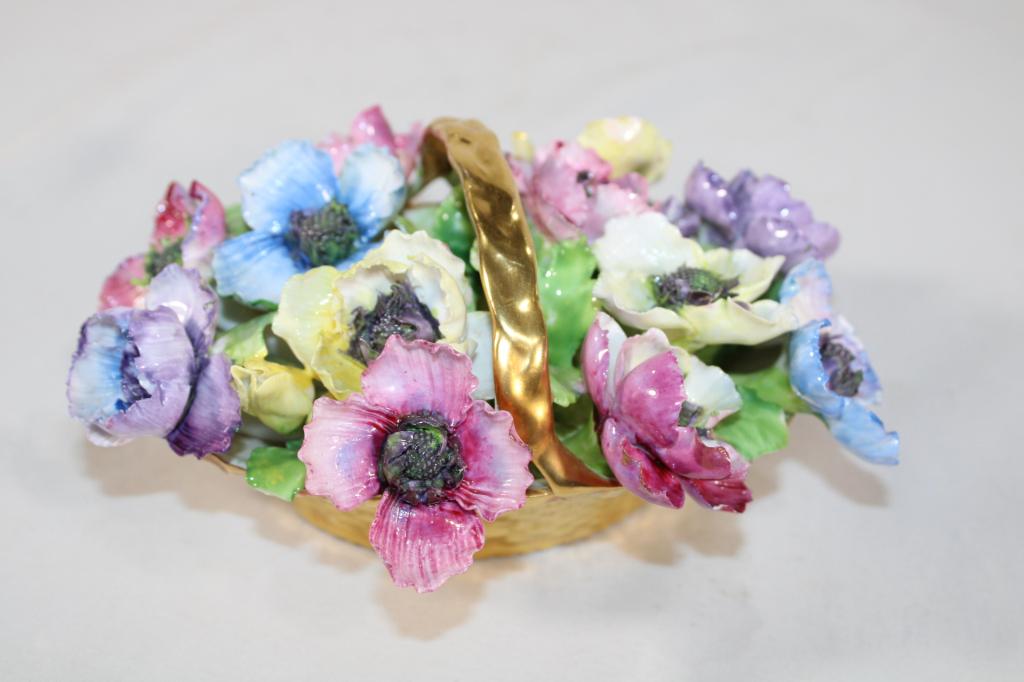 Staffordshire Bone China Basket of Flower: measures about 3 1/2 inches tall; *Please view photos closely to see any imperfections.