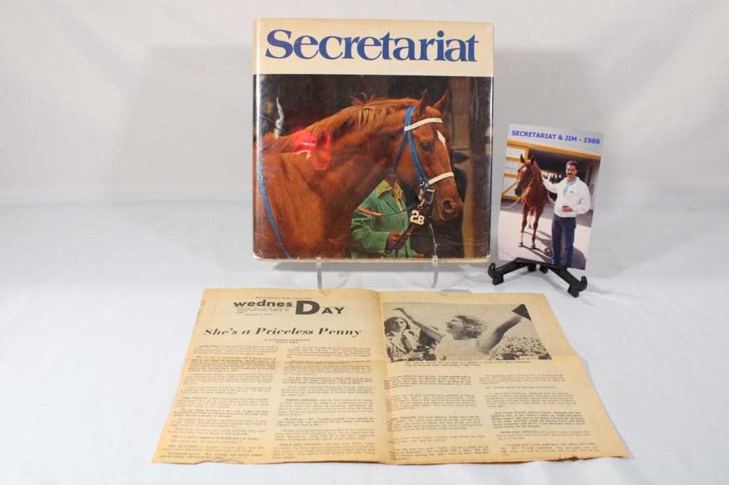 Secretariat by Raymond G Woolfe, Photo & News Clip: Secretariat by Raymond G Woolfe Book, Photo of Secretariat with Jim 1988 and 1973 News Clipping Story about Penny Chenery