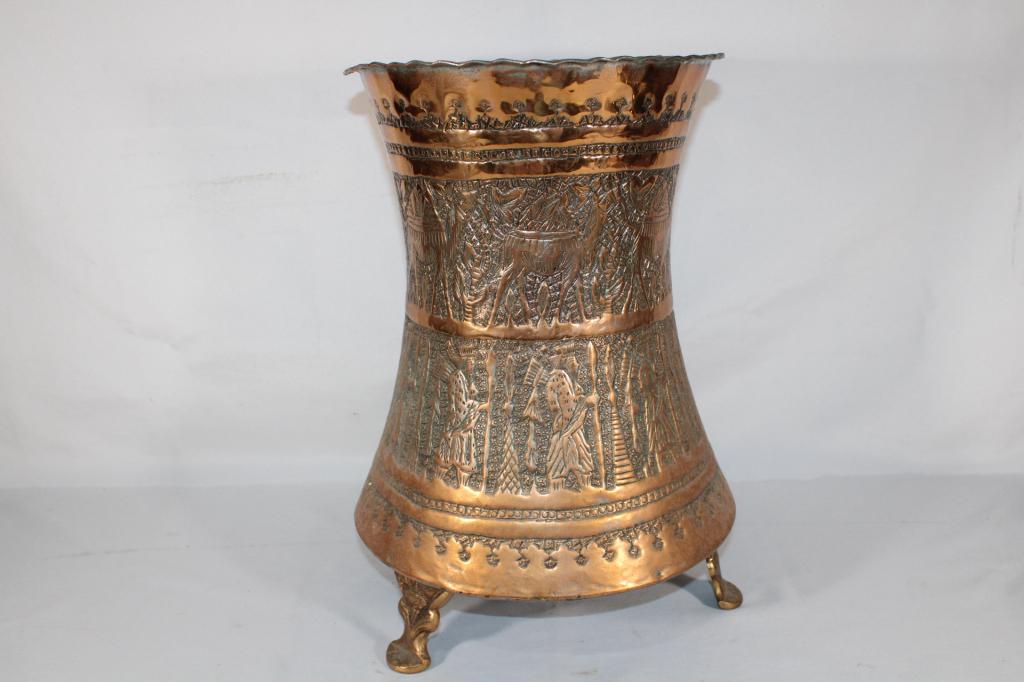 Middle Eastern Themed Copper Footed Bucket: Overall good as pictured. Measures about 14.5" tall.