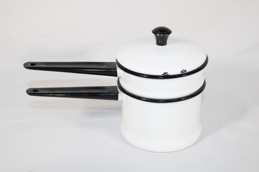 Vintage Enamale Double Boiler Pot Black/White: good overall as pictured