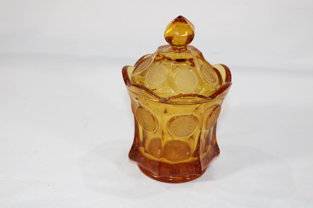 Vintage Fostoria Amber Coin Dot Covered Candy Dish: measures about 7 inches tall; good overall as pictured