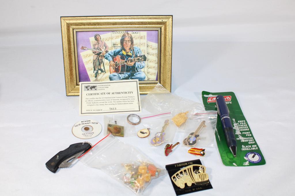 Misc lot of Collectibles - John Lennon, Pins etc: .good overall as pictured