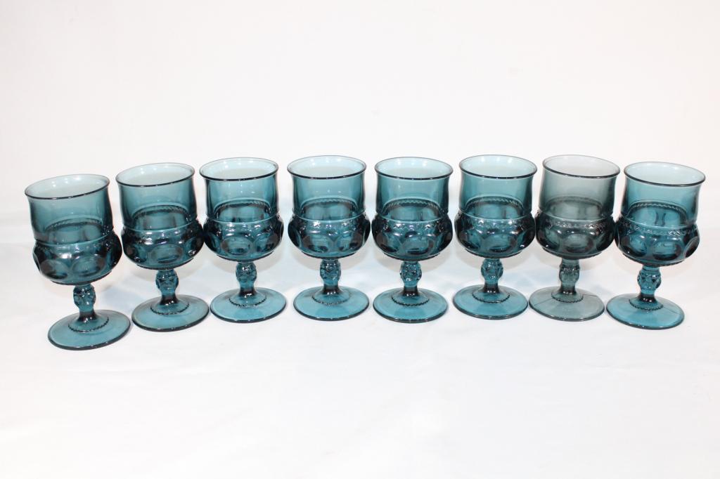 Lot of 8 Blue King Crown Thumbprint Goblets: good overall as pictured