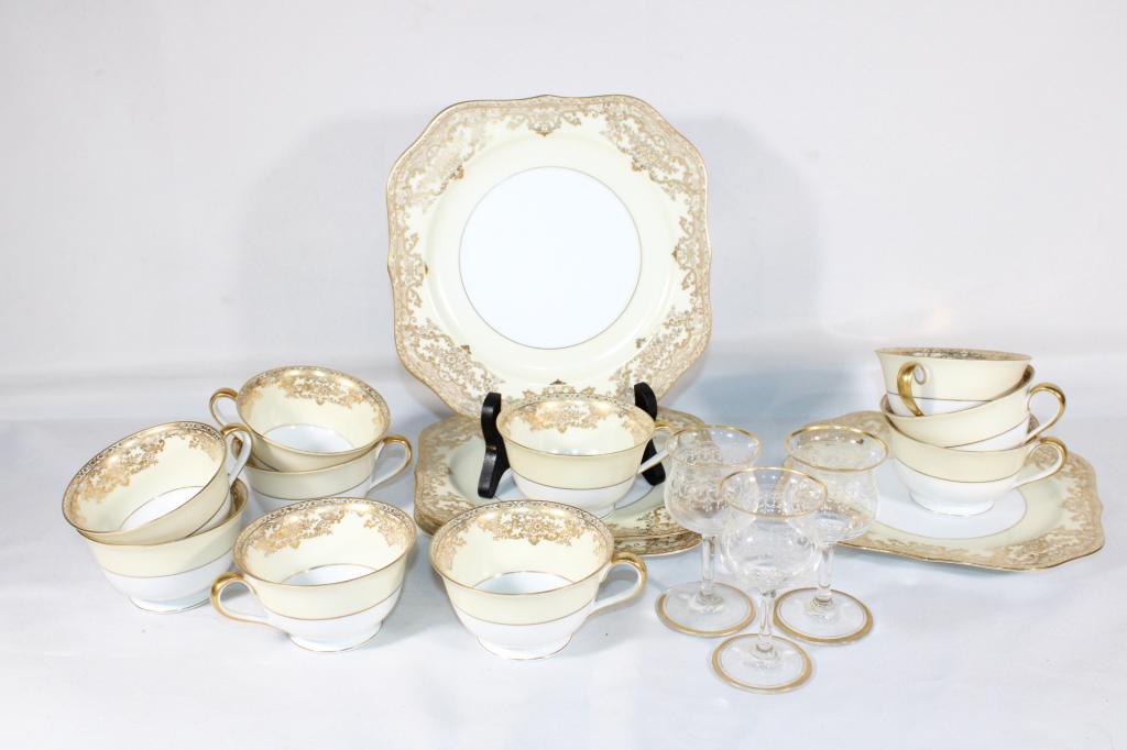Noritake Glenmore Cups and Plates, Etched Glasses: good overall as pictured