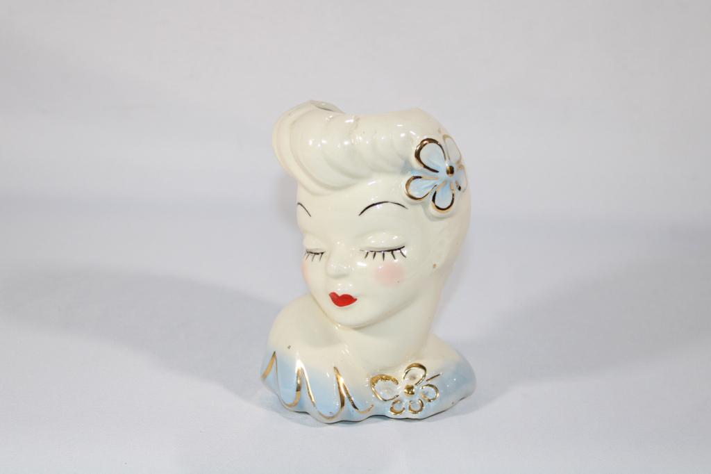 Vintage Woman Head Vase, Blue and Gold Accents (1 of 4)