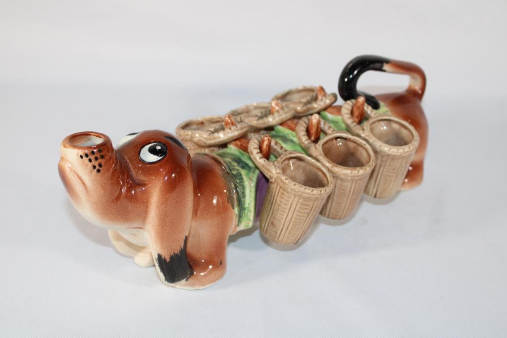 Vintage Japan Dachshund Pitcher with Shot Glasses: good overall as pictured