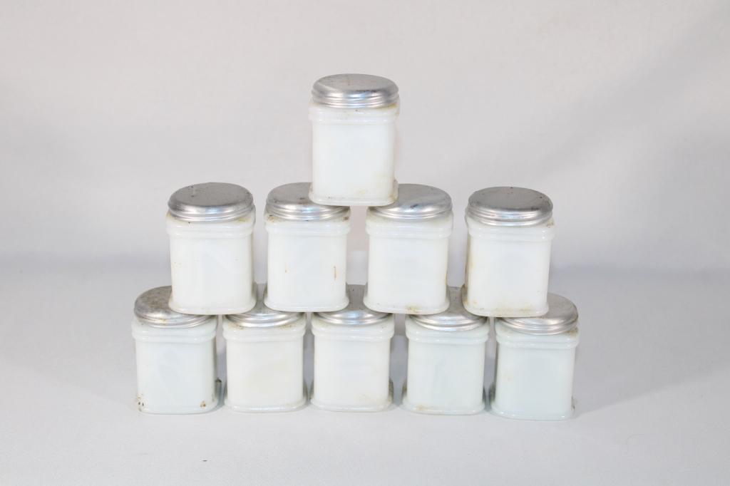 Set of 10 Milk Glass Small Spice Jars: good overall as pictured
