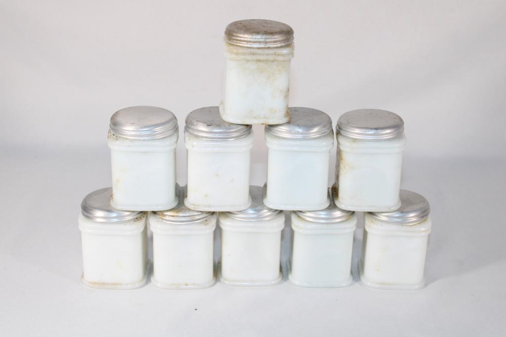 Lot of 10 Milk Glass Spice Jars w/ Aluminum Lids (1 of 3)